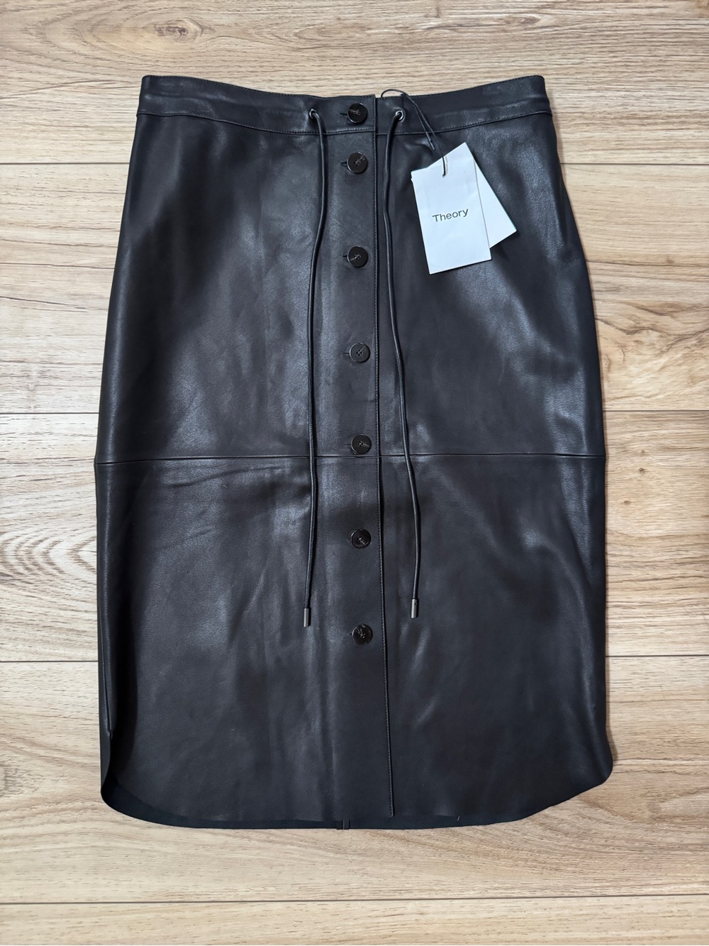 Theory 100% Lamb Leather Button-Front Detail Drawstring Skirt Black Size S NWT